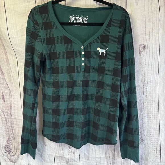 Victoria's Secret PINK Green Plaid Henley Top Large - Picture 1 of 6